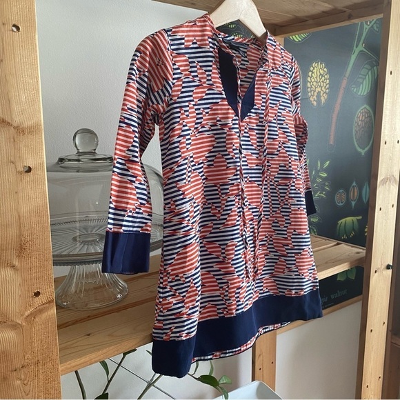 Oscar de la Renta Red Blue White Print Long Sleeve Tunic Dress - Picture 4 of 12